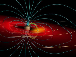 Rendition of Jupiter's magnetic field, or magnetosphere. Note how Jupiter's moons are surrounded, but Earth is not. Photo courtesy of Wikipedia user, Volcanopele