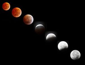 Phases of a lunar eclipse... ending in the red light reflected off the lunar surface. Photo Courtesy of Wikipedia user: QHyseni